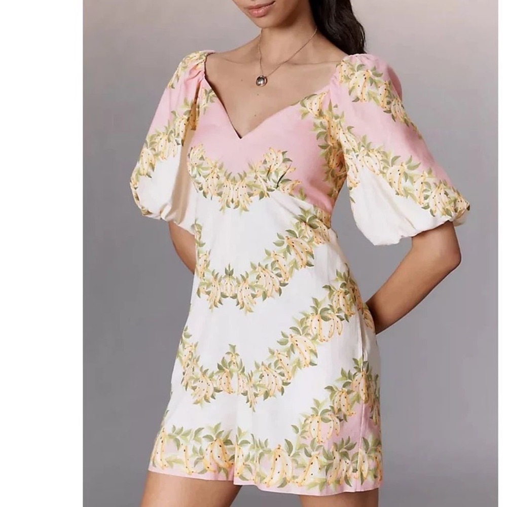 Farm Rio V-Neck Puff-Sleeve Linen Blend Romper Women Large Pink Banana Print